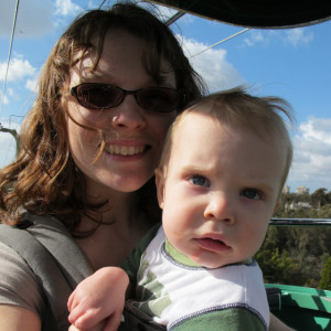 mother & son on the sky tram ride at the zoo