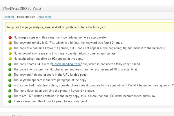 example of SEO analysis in the Yoast plugin for WordPress