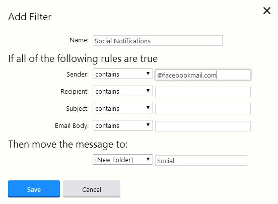 Example of a Social Email Filter in Yahoo Mail