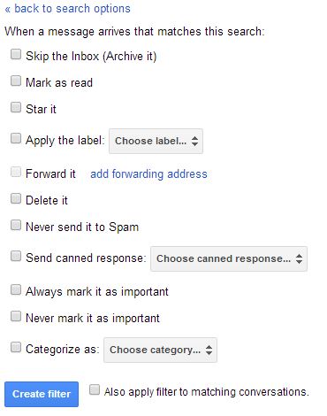 Gmail Filters Options