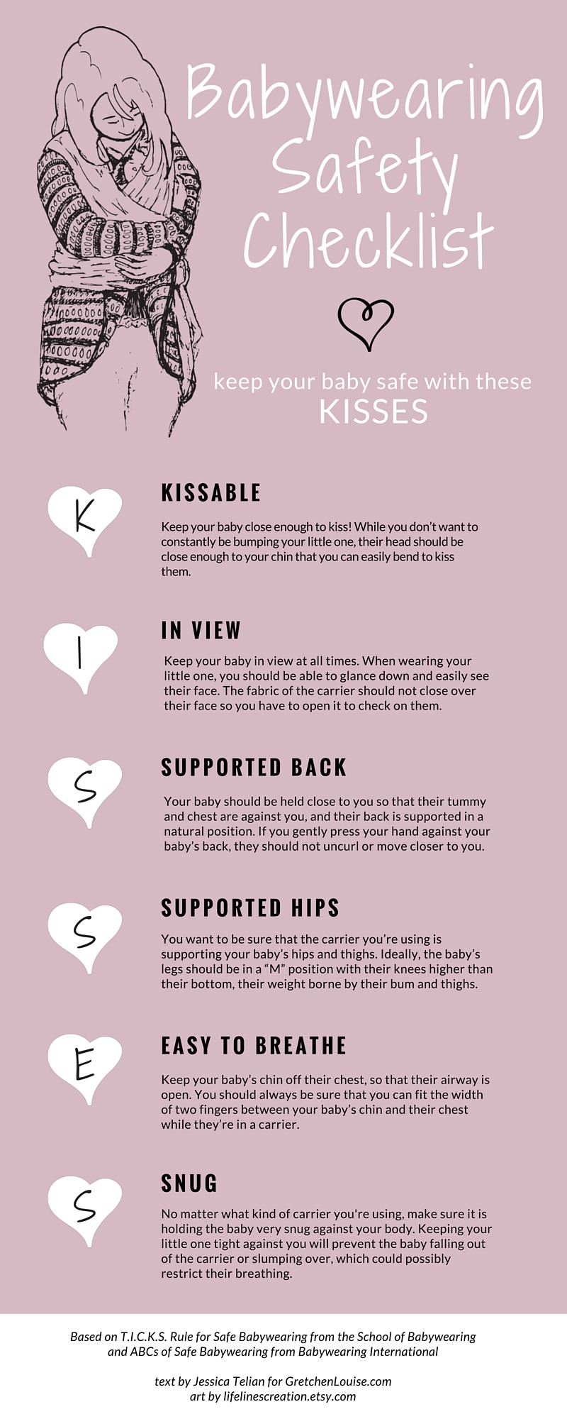 K.I.S.S.E.S. Babywearing Safety Checklist (Based on T.I.C.K.S. Rule for Safe Babywearing from the School of Babywearing and ABCs of Safe Babywearing from Babywearing International)