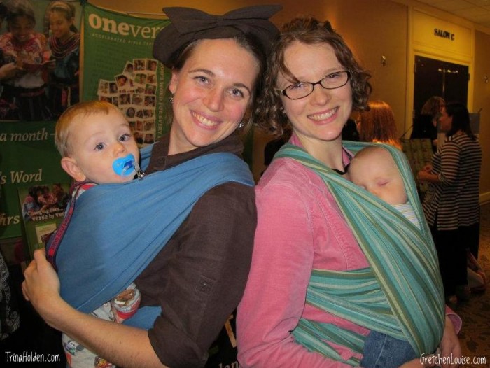 Trina Holden using a Moby stretchy wrap and Gretchen Louise using a DIY woven wrap.