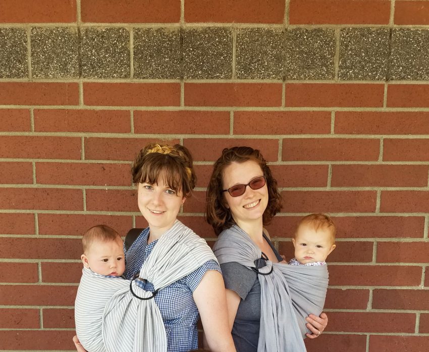 Babywearing Sisters-in-Law @GretLouise and @Mama_Endo wearing #MyWildBird slings