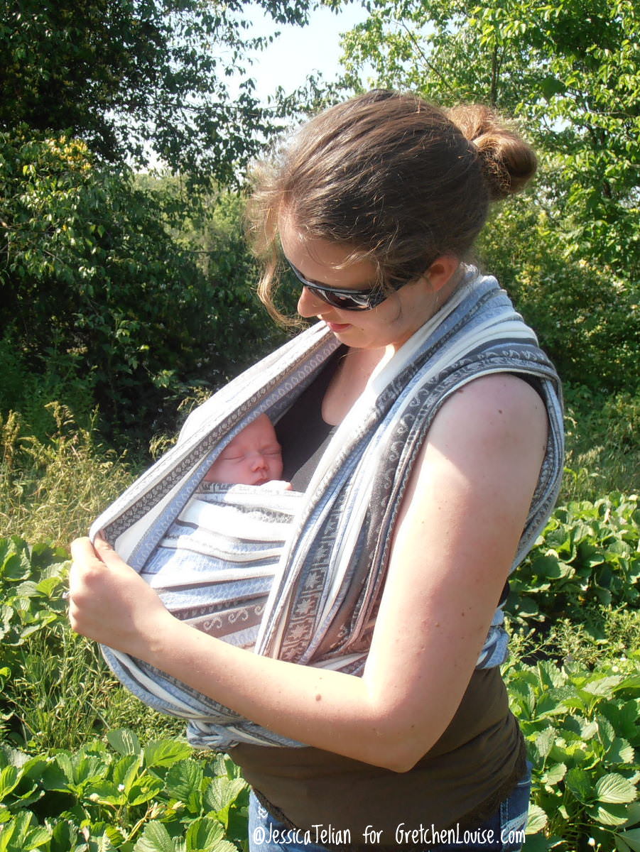 Using an Ellevill Zara Tri-Blue woven wrap in an adjusted-for-nursing-a-newborn Front Wrap Cross Carry.